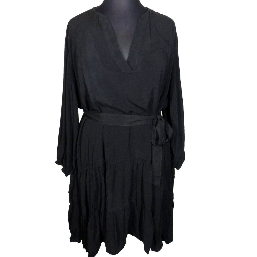 Pari Passu Black Swiss Dot V Neck Tiered Doby Dress Plus Size 24
